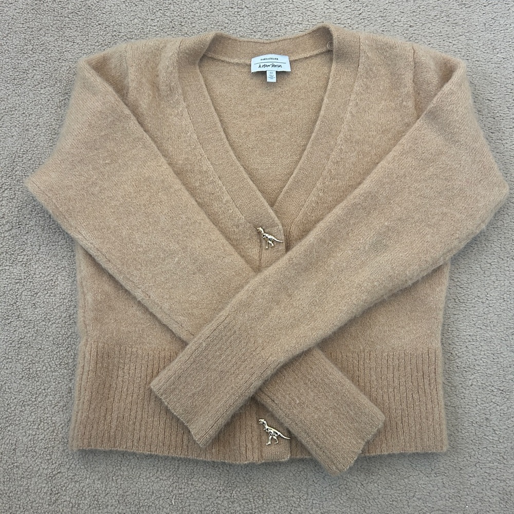 & Other Stories Beige Wool Cardigan with Dinosaur Button Detail